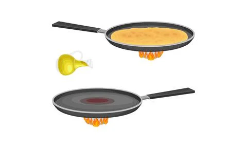 Pancakes cooking process set. Pancake cooking in frying pan vector illustration Stock Illustration