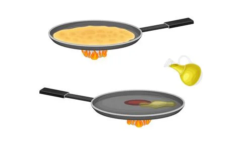 Pancakes cooking process set. Pancake cooking in frying pan on burner vector Stock Illustration