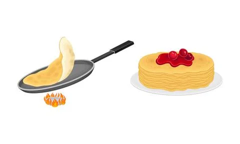 Pancakes cooking process set. Stack of freshly prepared pancakes and frying pan Stock Illustration