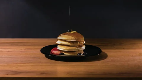 Pancakes Covered In Fruit And Syrup Stock Footage 148117640