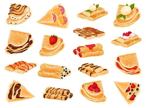 Pancakes with different stuffings set. Rolled crepes stuffed with strawberry Illustrazione stock