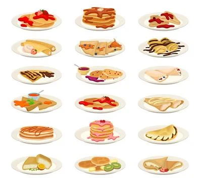 Pancakes with different stuffings set. Rolled crepes served with cartoon vector Illustrazione stock
