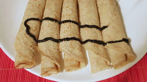 Pancakes With Dripping Chocolate Syrup Stock Footage 45885702