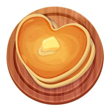 Pancakes heart shape stack with butter top view in wooden board in cartoon style Illustrazione stock
