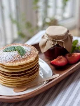 Pancakes with jam breakfast Stock Photos