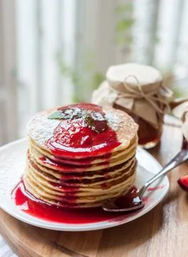 Pancakes with jam breakfast Stock Photos