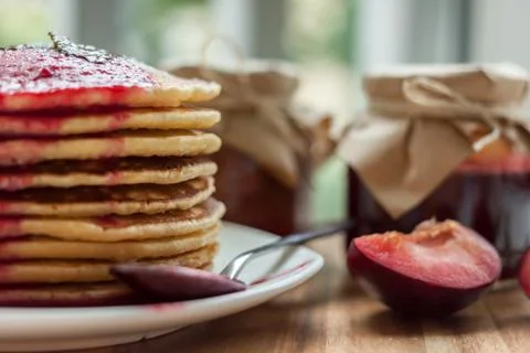 Pancakes with jam breakfast Stock Photos