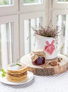 Pancakes with jam breakfast Stock Photos