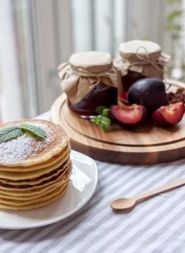 Pancakes with jam breakfast Stock Photos