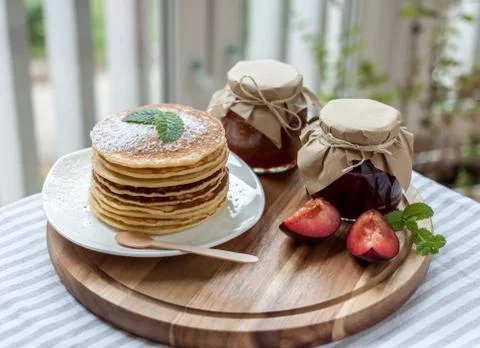Pancakes with jam breakfast Stock Photos