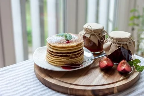 Pancakes with jam breakfast Stock Photos