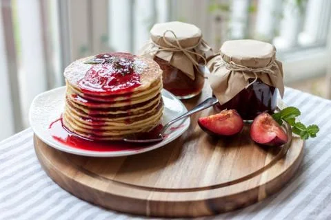 Pancakes with jam breakfast Stock Photos
