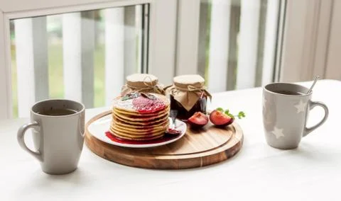 Pancakes with jam breakfast Stock Photos
