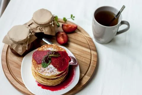 Pancakes with jam breakfast Stock Photos