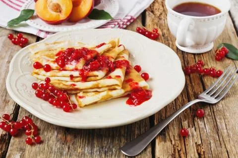Pancakes with jam Stock Photos