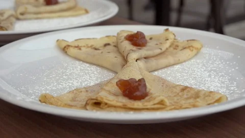Pancakes With Jam On White Plates (1) Stock Footage 98622892