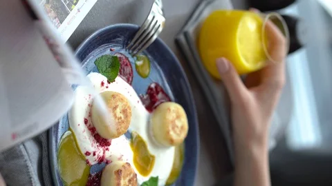 Pancakes with juice Stock Footage 128127755