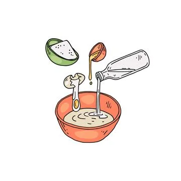 Pancakes liquid dough preparing, hand drawn sketch vector illustration isolated. Stock Illustration