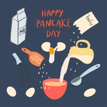 Pancakes making process. Ingredients and cookware Stock Illustration