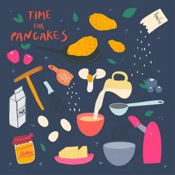 Pancakes making process. Ingredients and cookware crockery Stock Illustration