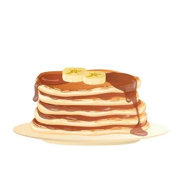 Pancakes with maple syrup in flat design. Morning pastry with banana slices.  Stock Illustration