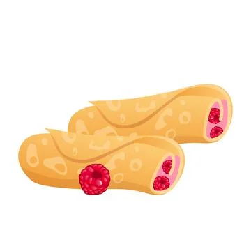 Pancakes with raspberry cheese in flat design. Morning rolls with berries. .. Stockillustratie