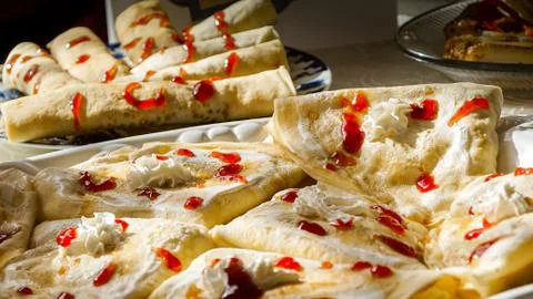 Pancakes with raspberry jam Stock Photos