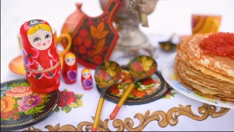 Pancakes with red caviar close-up on the background of the festive table Stock Footage 84918500