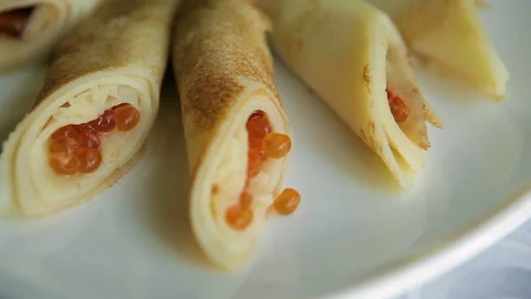 Pancakes with red caviar Stock Footage 102166395
