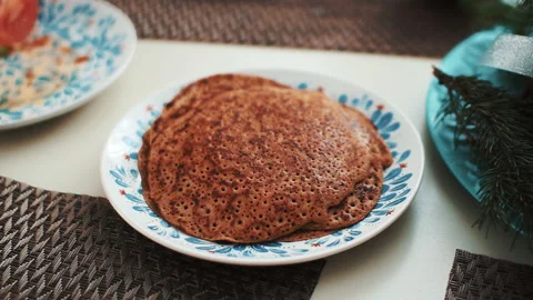 Pancakes from rye flour. useful breakfast. homemade baking Stock Footage 88370307