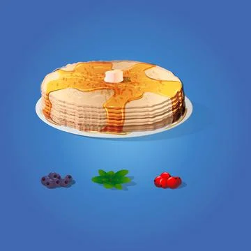 Pancakes with a slice of butter, blueberries, mint leaves and currants set. R Stock Illustration