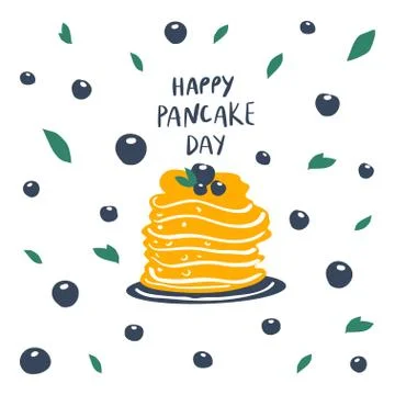 Pancakes stack with berries on plate and freehand drawn quote: happy pancake day Stock Illustration