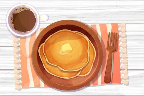 Pancakes stack with butter top view in wooden plate, coffee and fork in cartoon Stockillustratie