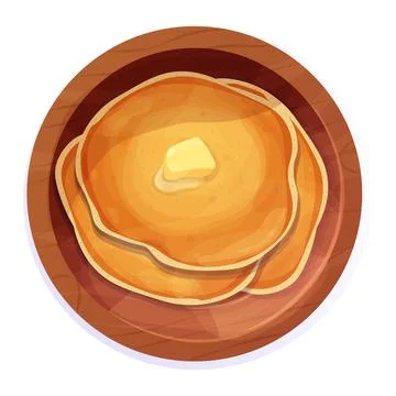 Pancakes stack with butter top view in wooden plate in cartoon style isolated on Illustrazione stock