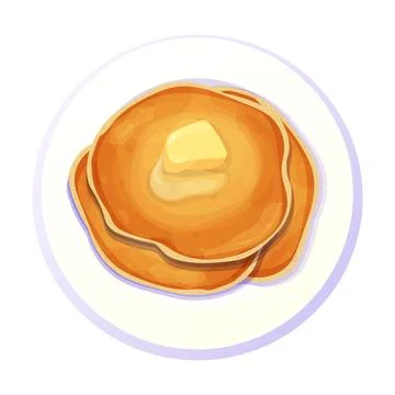 Pancakes stack with butter top view in plate in cartoon style isolated on white Stock Illustration