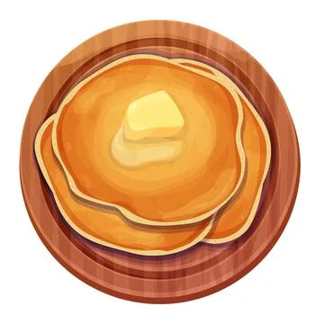 Pancakes stack with butter top view in wooden plate in cartoon style isolated on Illustrazione stock