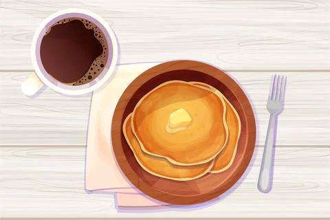 Pancakes stack with butter top view in wooden plate in cartoon style isolated on Illustrazione stock