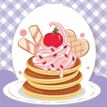 Pancakes stack with cherry and cream on plate and freehand drawn Stock Illustration