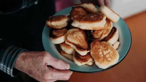 Pancakes. Stack of home pancakes served. Tasty sweet breakfast food. 動画素材 142097605