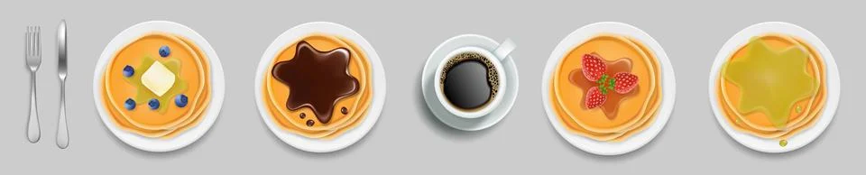 Pancakes stack served on ceramic plate and coffee cup set Stock Illustration