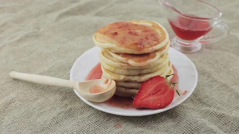  pancakes with strawberry jam Stock Footage 147172015