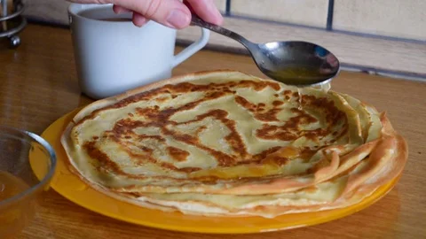 Pancakes with syrup wedge Stock Footage 70883338