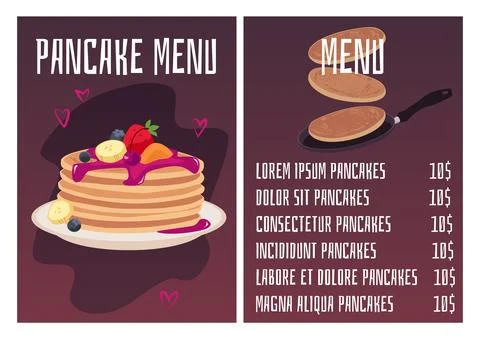 Pancakes vector menu template, stack of pancakes with jam topping, whipped cream Stock Illustration