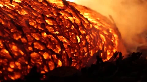 Pan/close up of lava oozing onto forest floor - Kilauea Hawaii Stock Footage 49701341