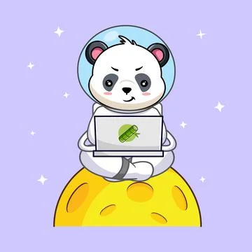Panda Astronaut Coding With Laptop on the Moon Stock Illustration