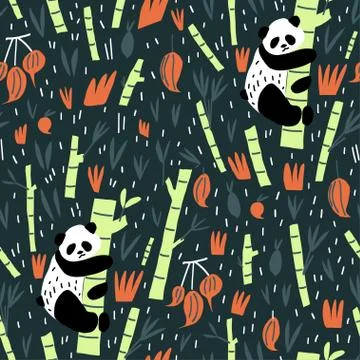 Panda bear and bamboo branches vector flat illustration Stock Illustration
