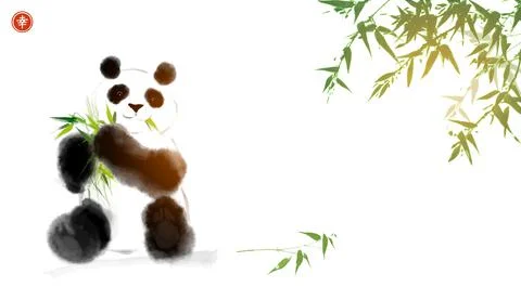 Panda bear and bamboo on white background. Traditional oriental ink painting Stock Illustration