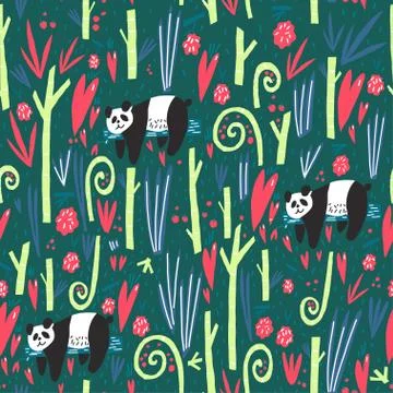 Panda bear, bamboo branches, hearts and fruits vector flat illustration Stock Illustration