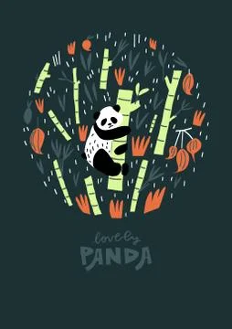 Panda bear bamboo branches leaves and fruits composition. Cover design Stock Illustration