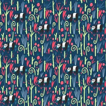 Panda bear, bamboo branches, leaves, fruits and hearts vector flat illustration Stock Illustration